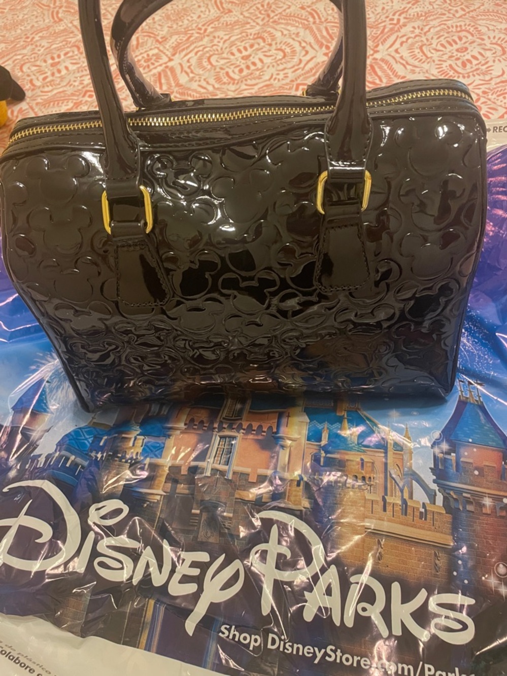 Disney Black Patent Leather Satchel with Embossed Mickey Motif.  2026